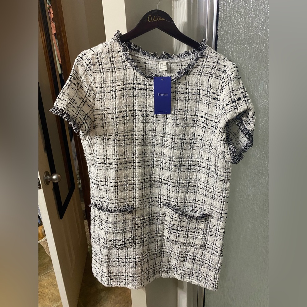 Floerns Women's Tweed Short Sleeve Shift Tunic Dress with Pockets